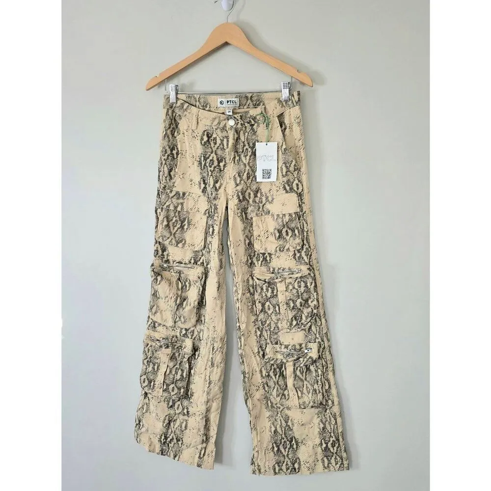 PTCL Multipocket Cargo Pants Size 26 Snake Animal Print NWT Tan - Image 3