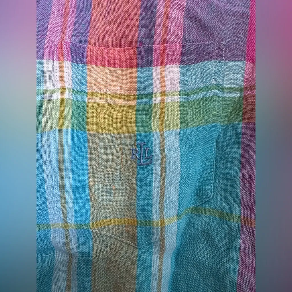 Vintage Ralph Lauren LRL 100% Linen Bright Pastel Plaid Blouse Size Large L - Image 6
