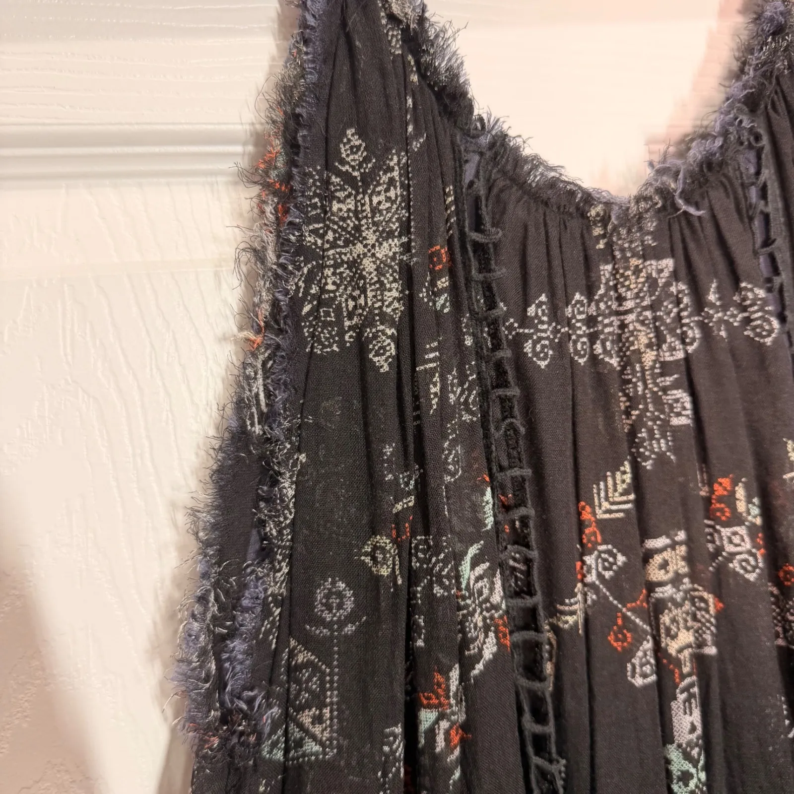 Free People FP One Boho Black Floral Lace Trim Mini Dress Fringe Spring Summer - Image 9