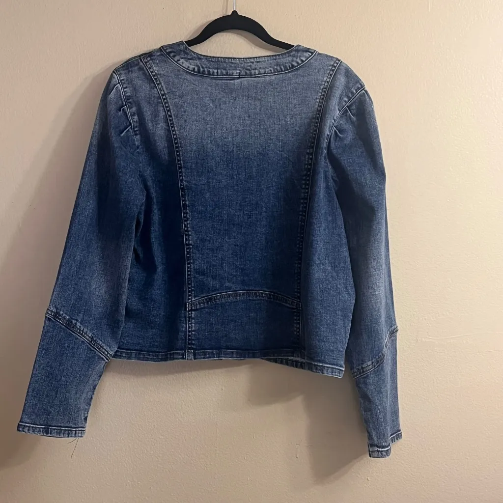 Karl Lagerfeld Paris Denim Jacket Women Blue Button Front Cropped Blazer Sz XL - Image 7