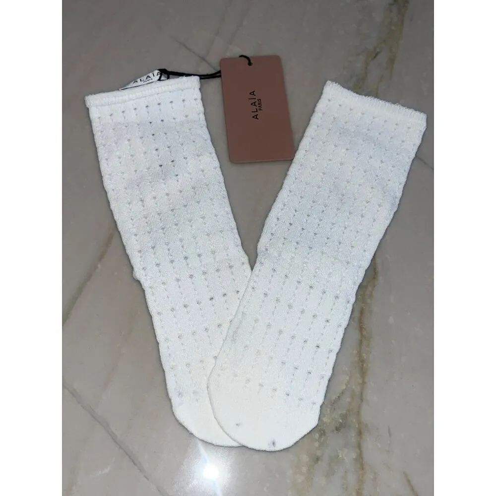 ALAÏA Lace Stretch Viscose Socks in Blanc Optique Small New Womens Vienne White - Image 3