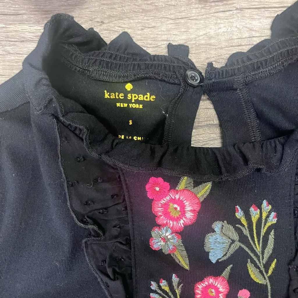 Kate Spade Black Floral Broome Street Embroidered‎ Ruffle Mixed Media Mini Dress - Image 4