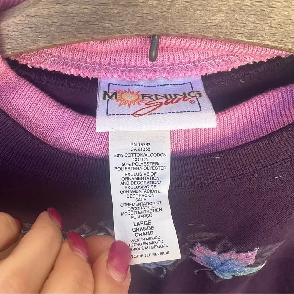 Vintage 90s Granny sweatshirt purple double collar glitter metallic fall leaves Size L - Image 4