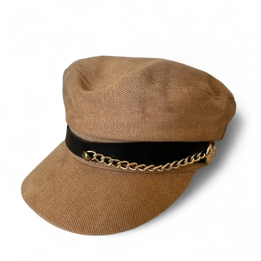 Camel Paige Boy Baker Boy Fiddler Cap with Gold Chain Trim – Black Band Detail Tan - Image 2