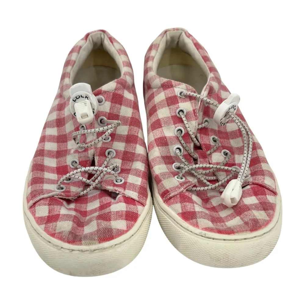 J Crew pink white gingham plaid canvas sneakers casual summer cottage 7 girly - Image 2