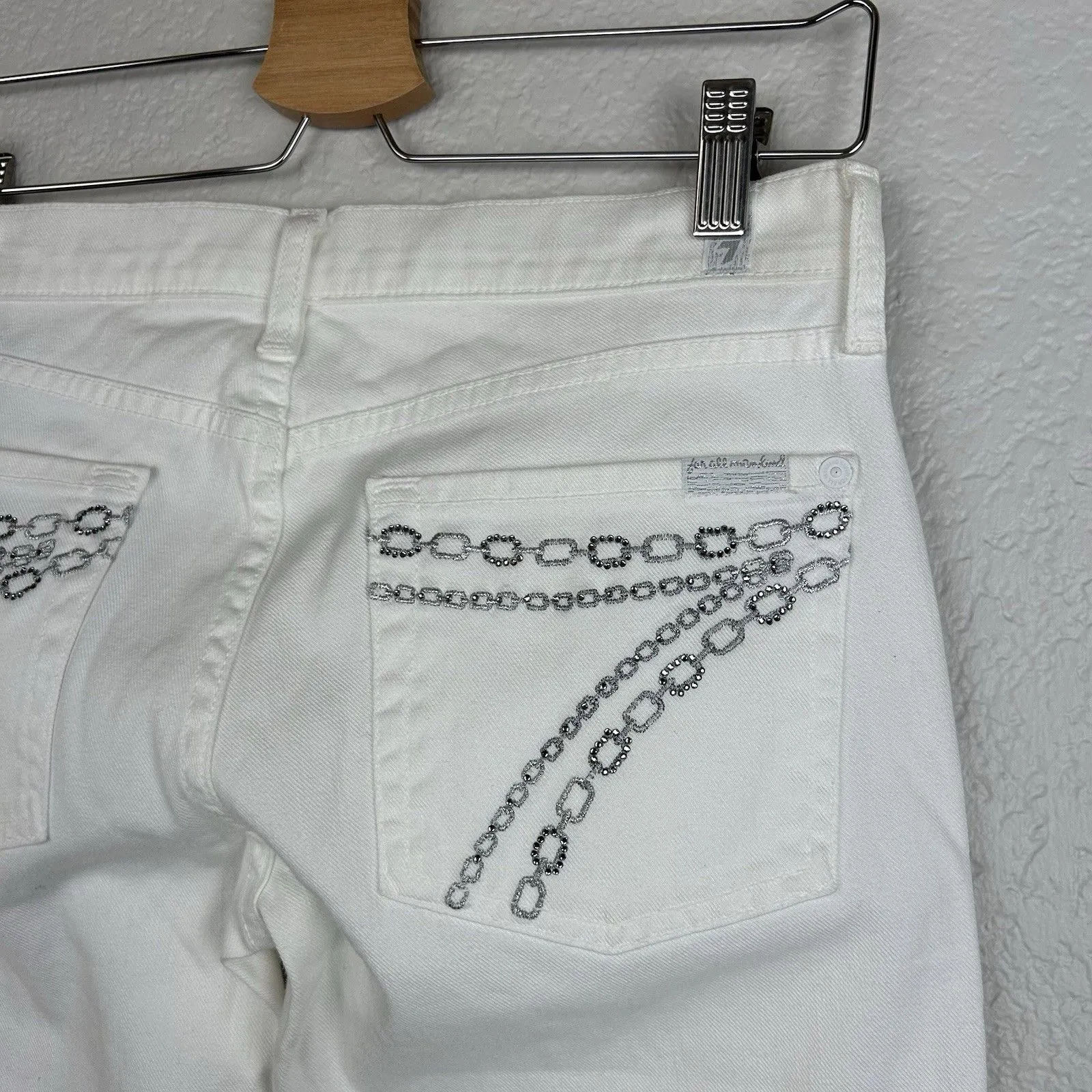 Seven For All Mankind Women'sDojo Embroidered White Wide Leg Flare Jeans Size 27 - Image 6