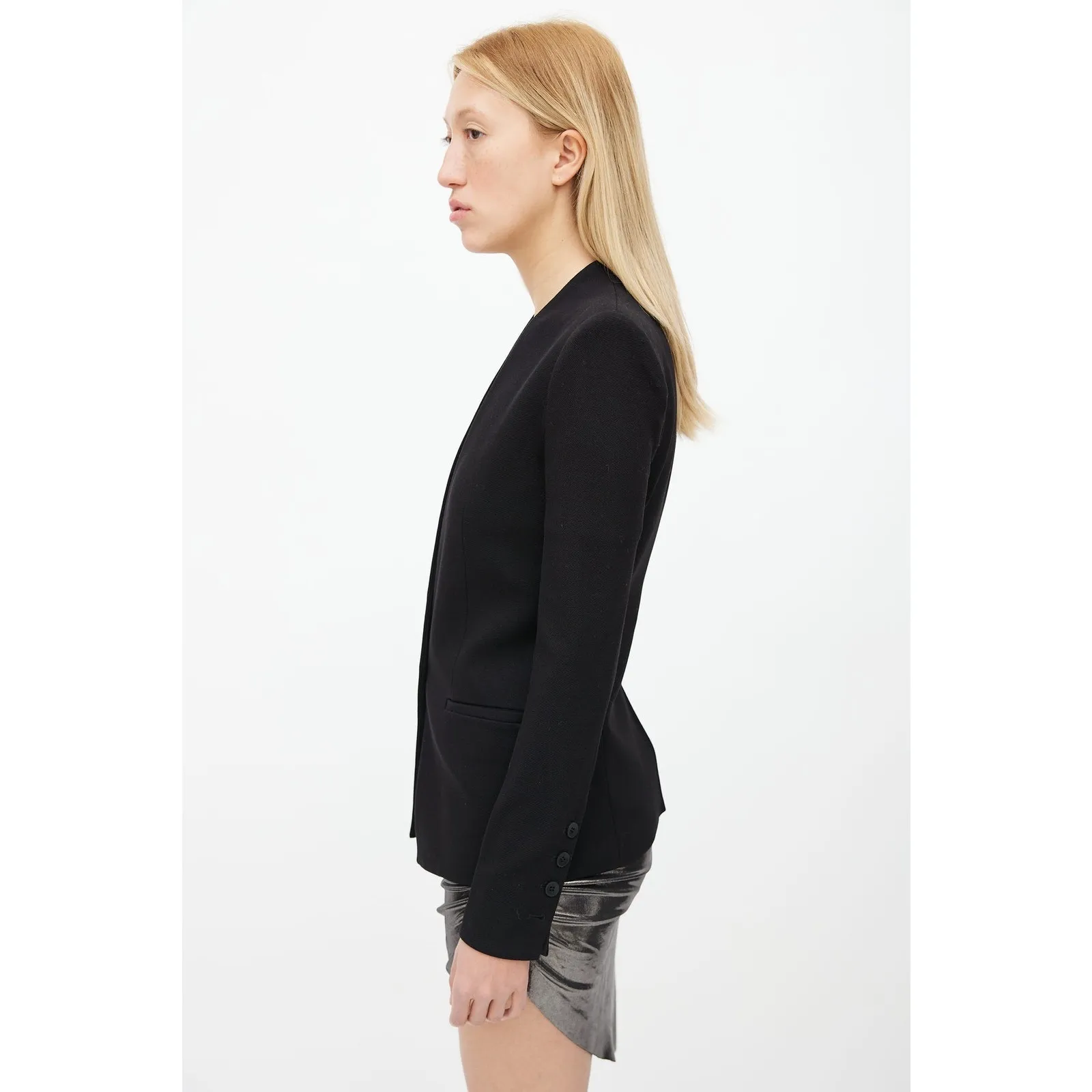 Helmut Lang Black Single Button Collarless Blazer Size 6 2000s Wool Quiet Luxury - Image 8