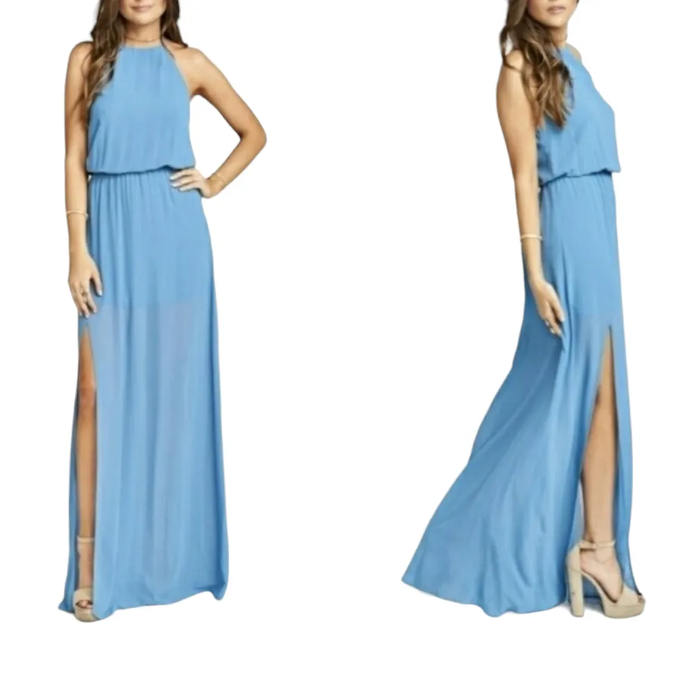 Show Me Your Mumu Heather Halter Dress L Blue Solid Maxi Scoop Neck New / FLAW - Image 3