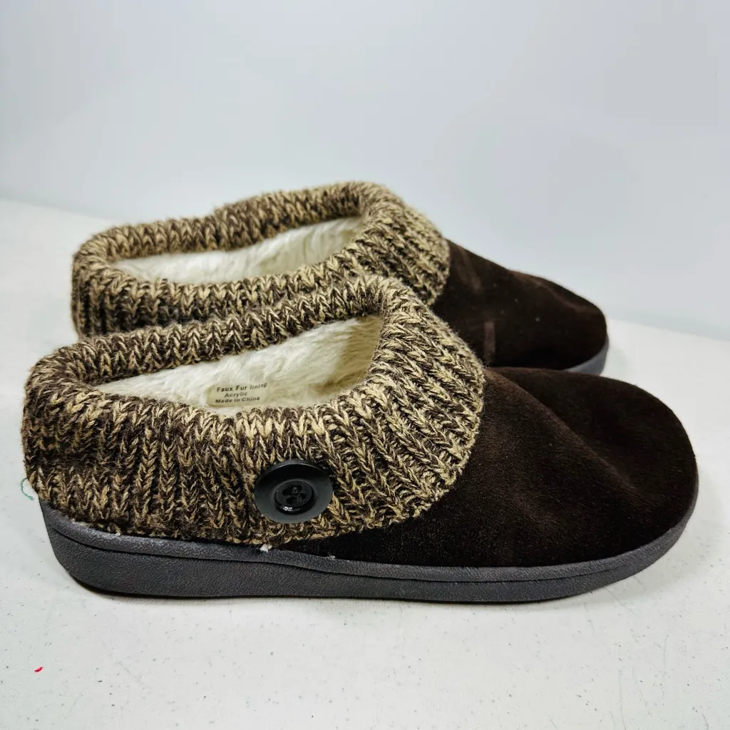 Clarks Womens Slippers Size 8 Brown Suede Upper Faux Fur Lined Slip On - Image 2