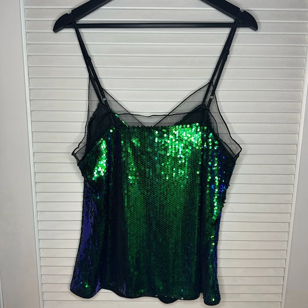 💚🆕Allegra K Iridescent Green and Blue Sequin Lace Trim Tank Top ✨NWT✨ - Image 8