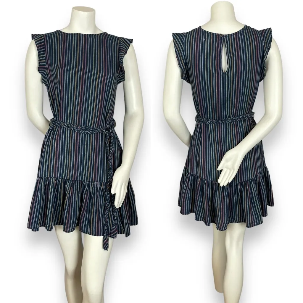 Marine Layer Dress Laney Linen Mini Navy Rainbow Stripe Size Small Braided Belt - Image 4