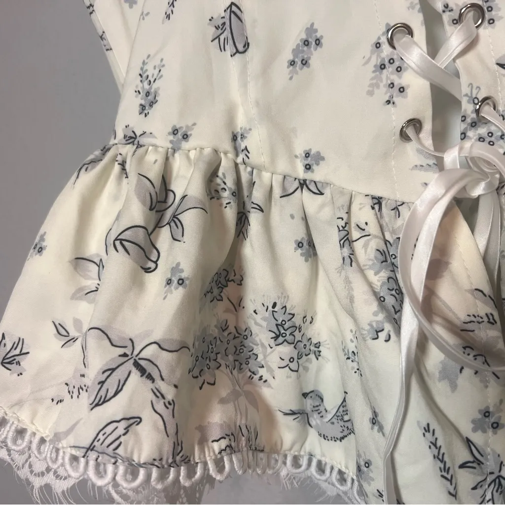 Corset Babydoll Tank Top Ruffles Cream Blue Size Medium Floral Birds Cottagecore White - Image 10