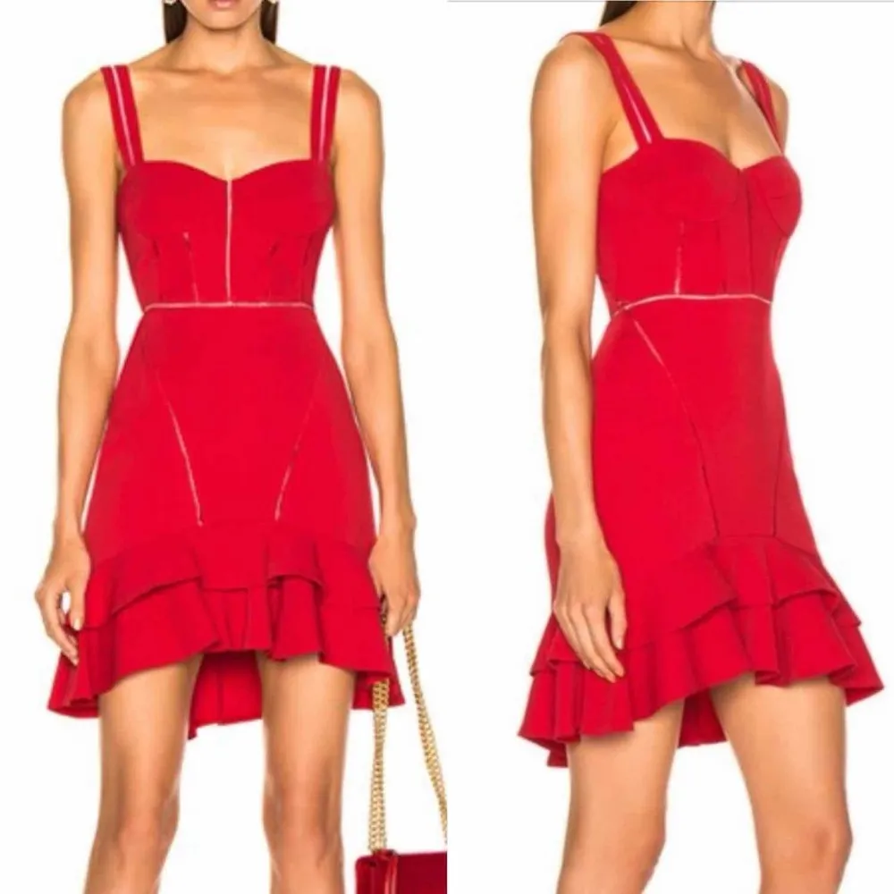 Jonathan Simkhai Crepe Combo Mini Ruffle Dress US 8 Fire Red - Image 7