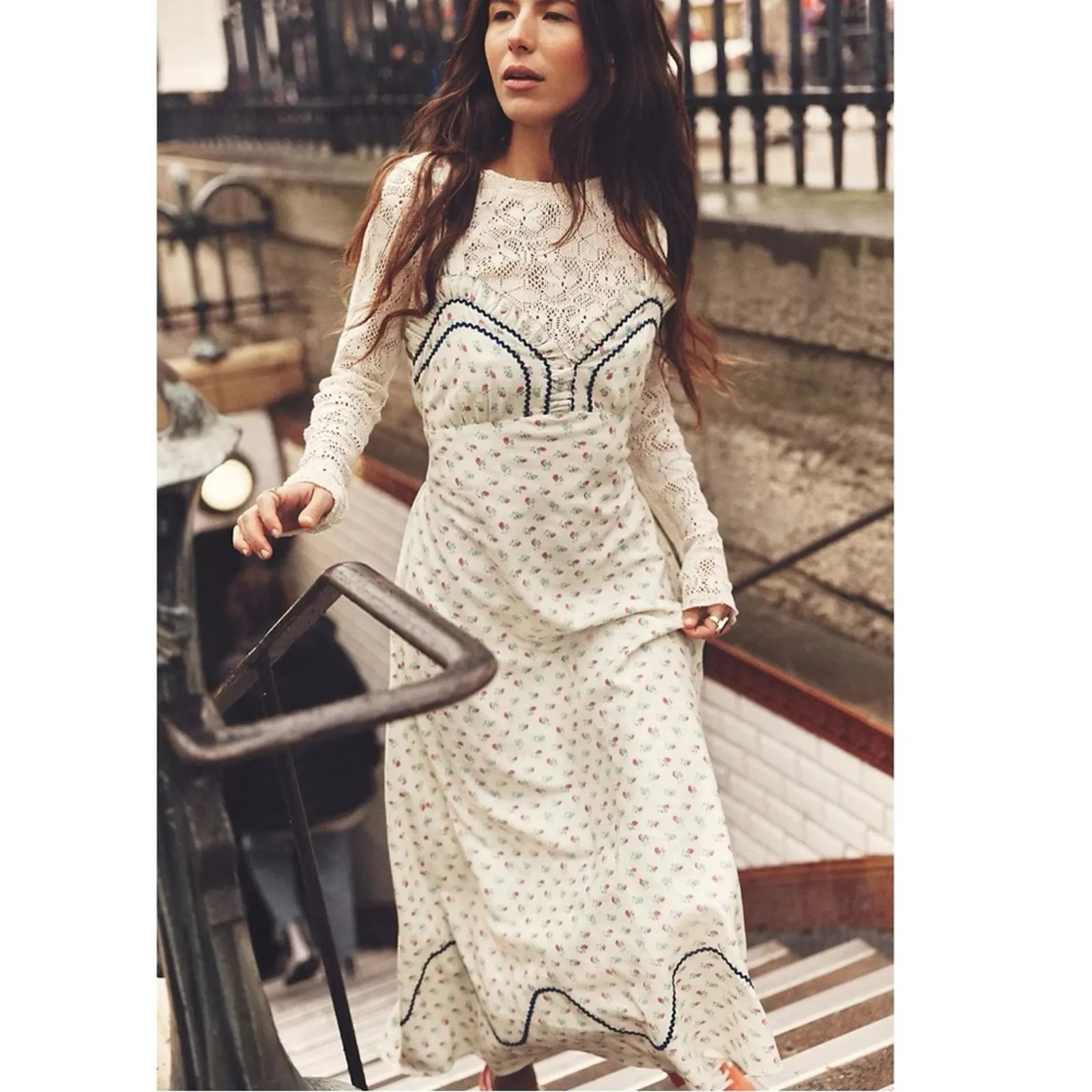 Free People Dainty Western Prairie Sweet Hearts Midi Dress in Ivory Combo Medium - Image 16