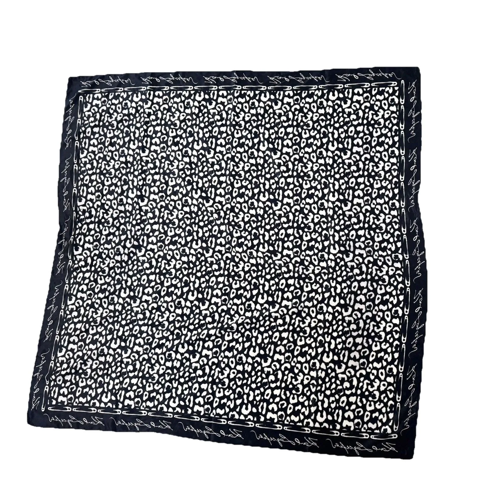 Karl Lagerfeld Silk Scarf Leopard Print Black White Heart Charm Pendant - Image 7