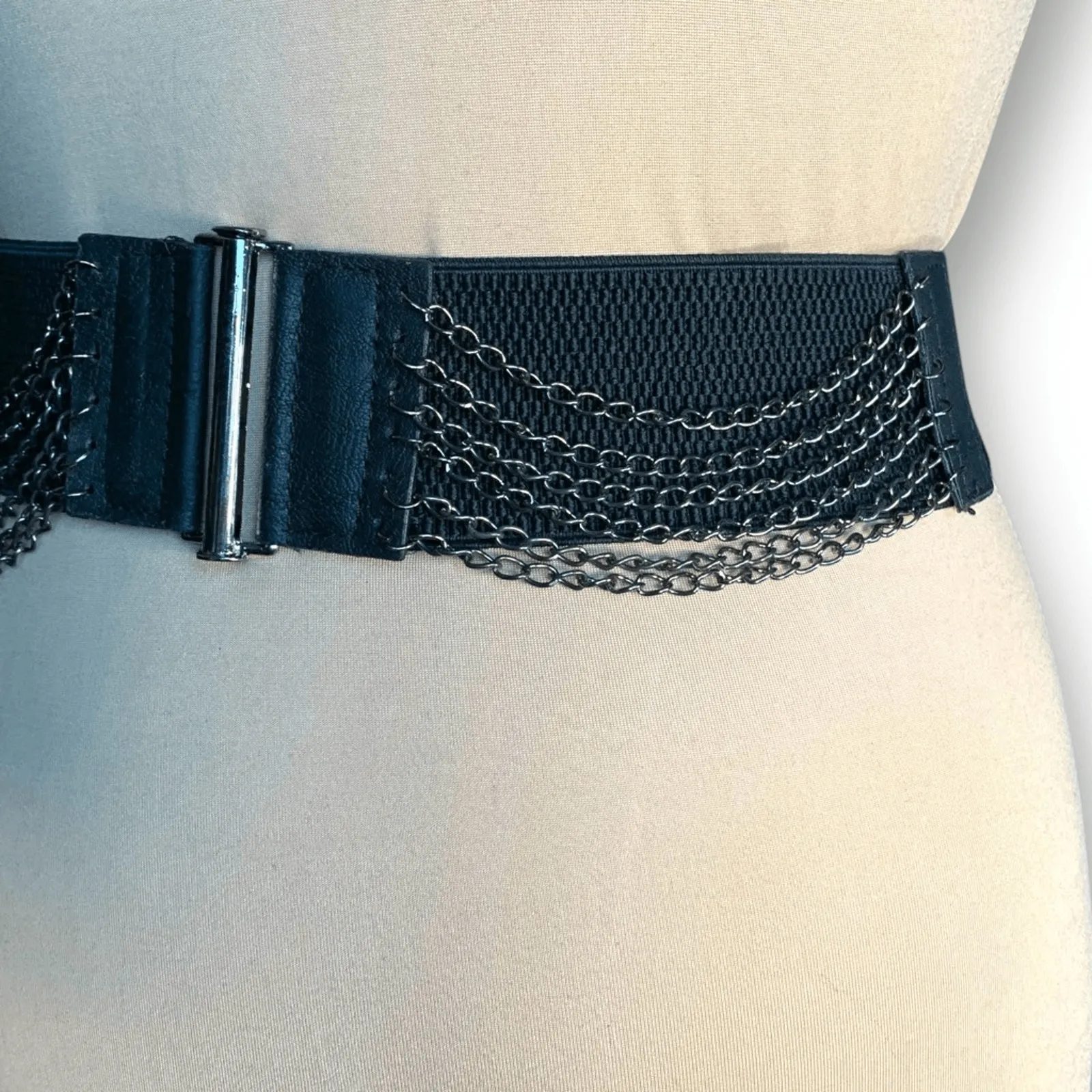 Deadstock Y2K Yik Fung Black Leather Stretch Waist Belt Chains NWT Statement - Image 5