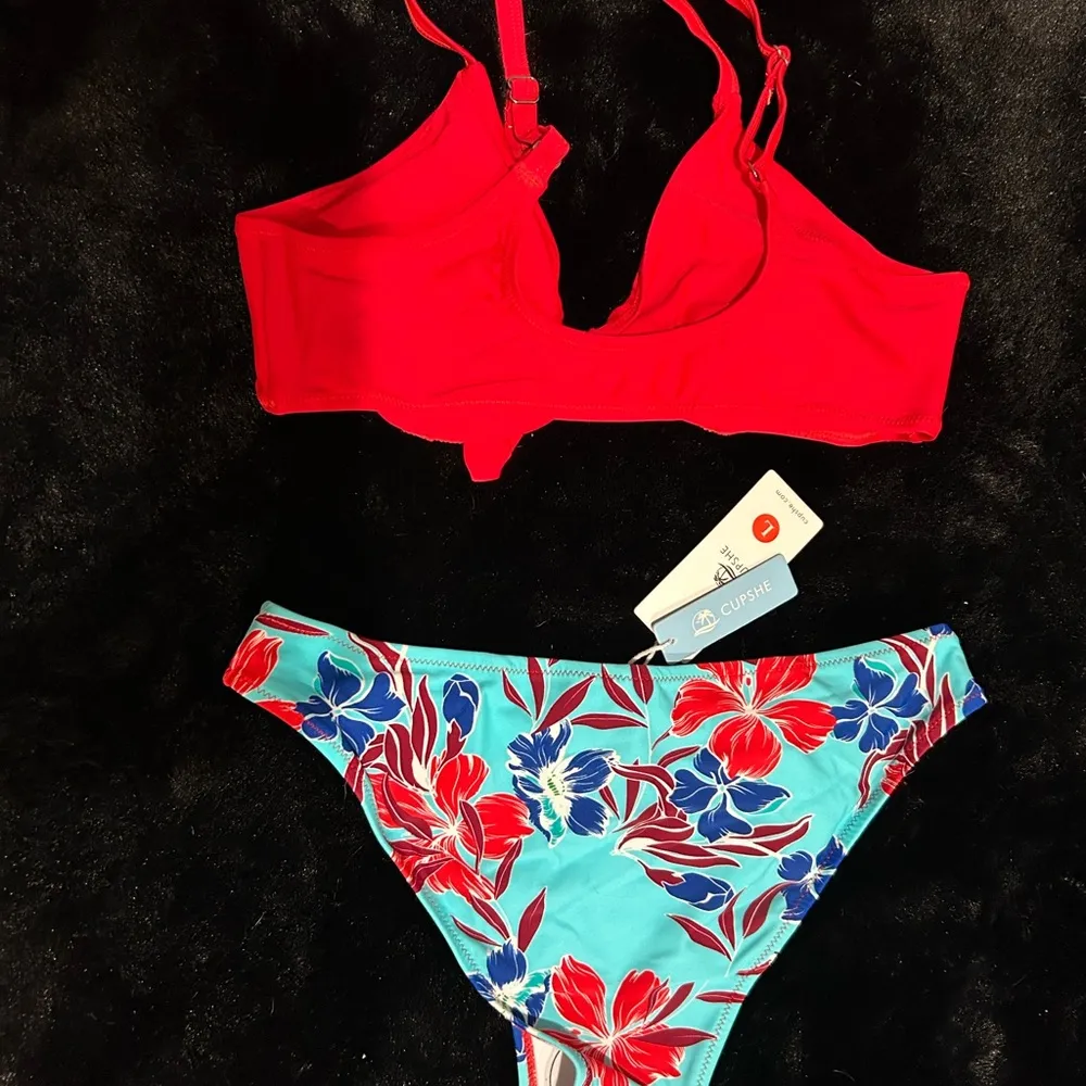 CUPSHE Women’s Red Bikini Top Floral High Waist Bottom Swimwear NWT Size L Beach - Image 10