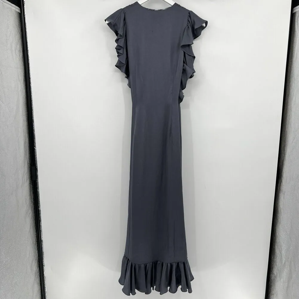 Shona Joy Zephyr Luxe Ruffle Wrap Midi Dress Slate Gray Cap Sleeves Hi-Lo Size 4 - Image 7