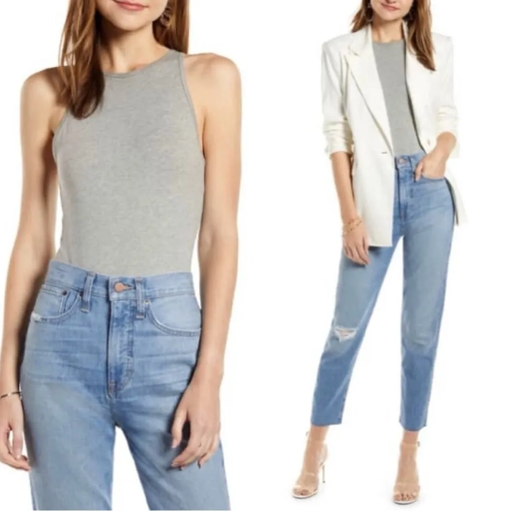 Something Navy 🆕 NWT  Bodysuit Grey Light Heather Top Sleeveless Button Back XL - Image 2