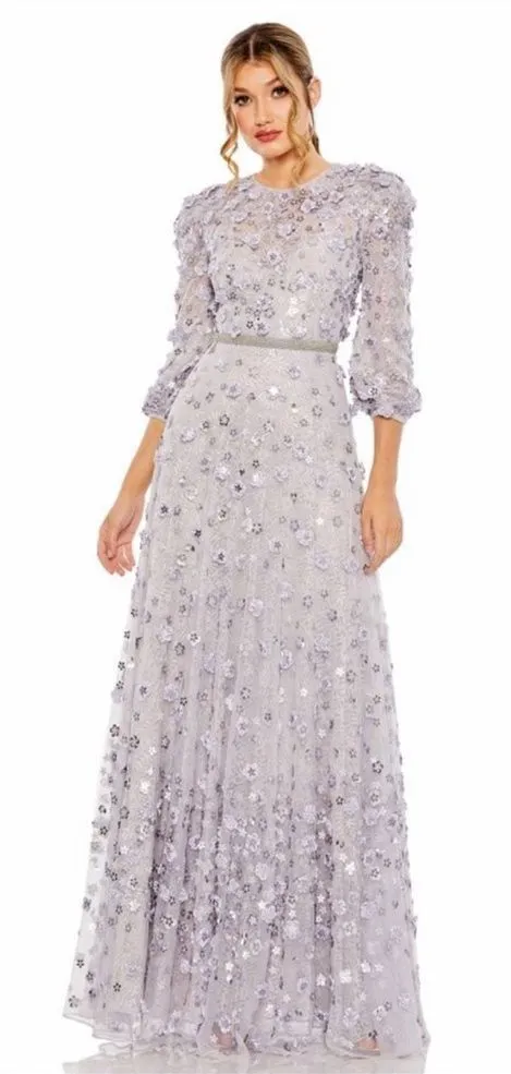 Mac Duggal Purple Floral Applique Puff Sleeve High Neck A - Image 2