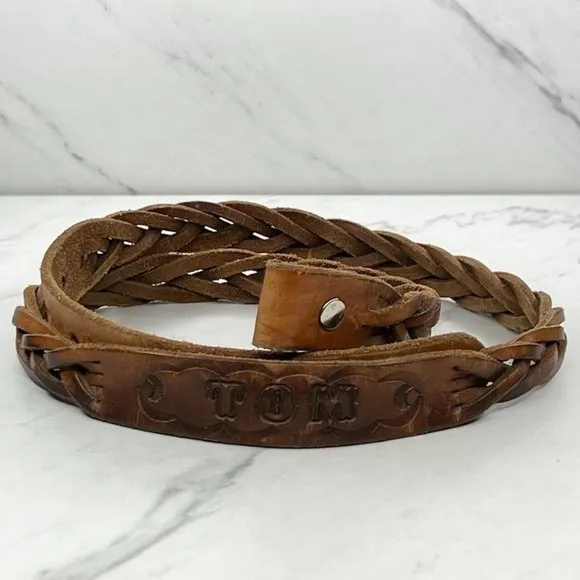 Vintage Brown Braided Woven Tooled Leather Tom No Buckle Belt Strap Size 34 - Image 1