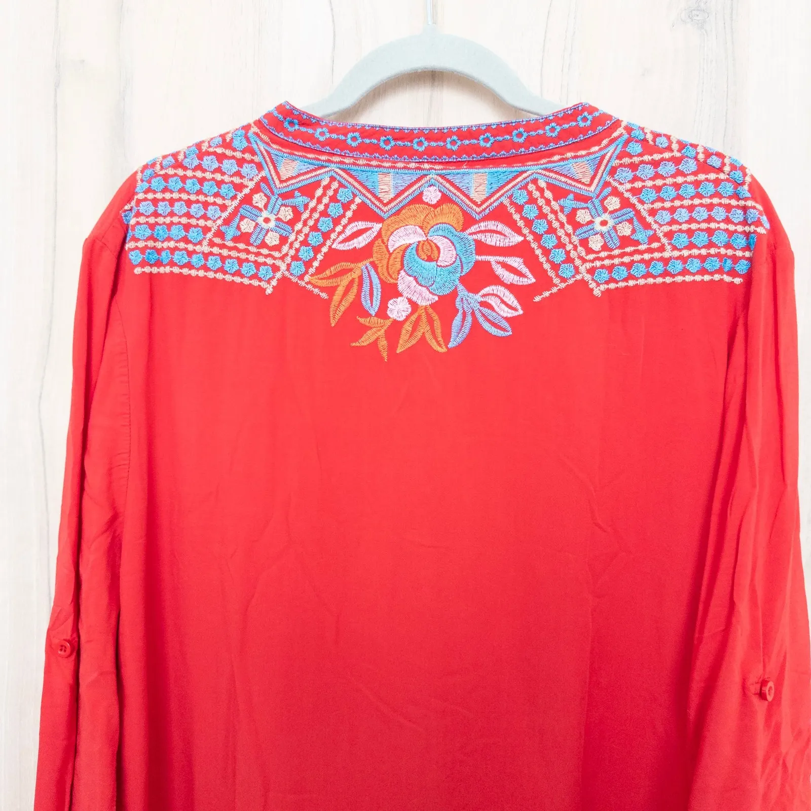 Womens Embroidered Blouse Size L Red Boho Folk Festival Artisanal Long Sleeve Size L - Image 7