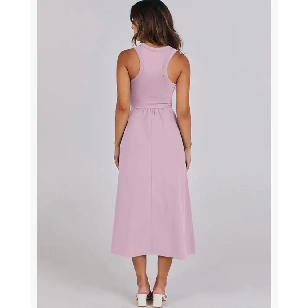 NEW Midi Knit High Neck Tank Top Racerback Pockets Dress M Pink Size M - Image 2