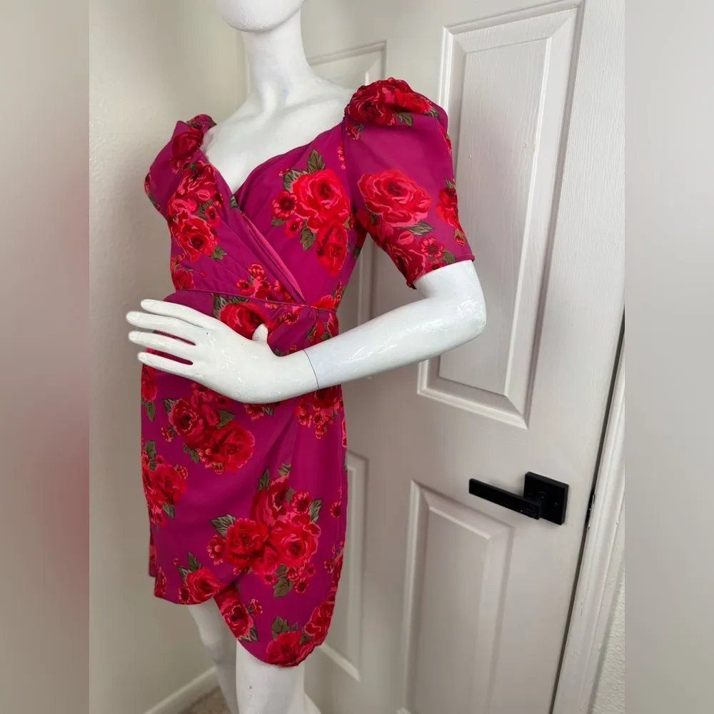 LPA Araceli Floral Puff Sleeve Wrap Mini Dress In Pink Size SMALL. B40 - Image 3