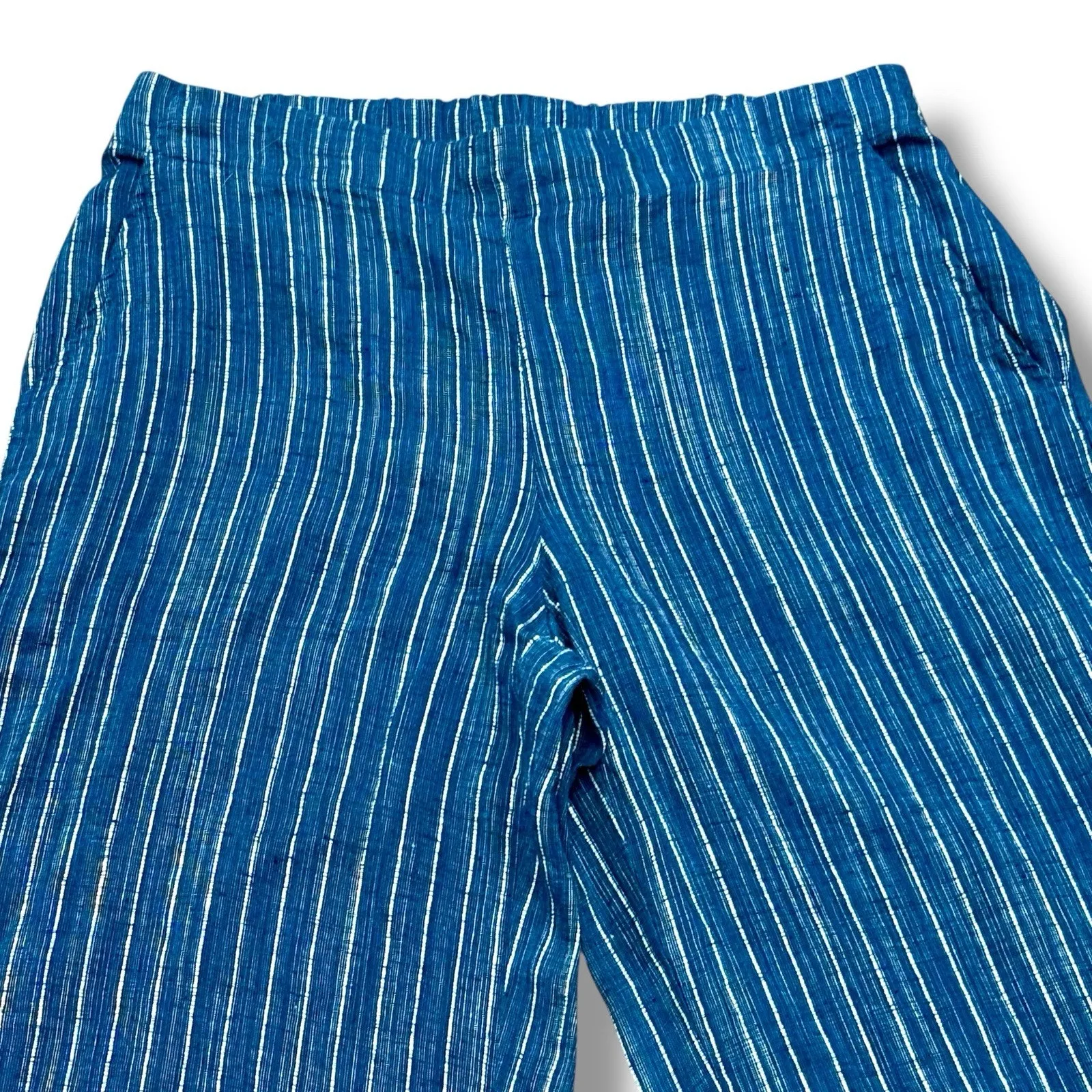 Eileen Fisher Size M Blue Stripe Italian Organic Linen Wide Leg Pull-on Pants - Image 2