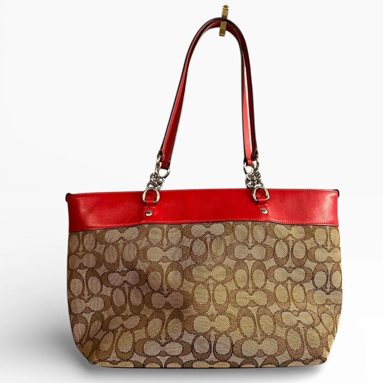 Coach Sophia Chain Tote Bag RED Khaki Signature C Shoulder Laptop Carrier 37118 - Image 2