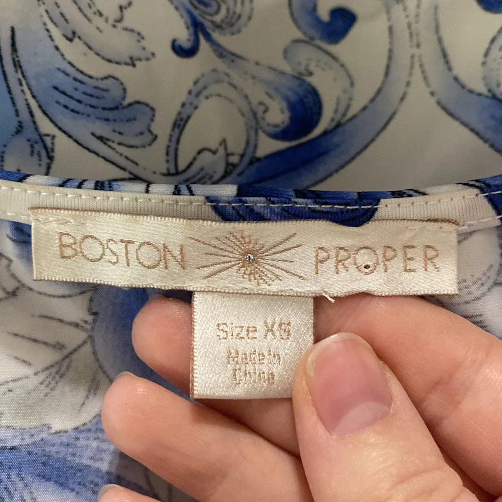 Boston Proper Sublimation tee in blue multi scroll print crystal embellished XS - Image 10