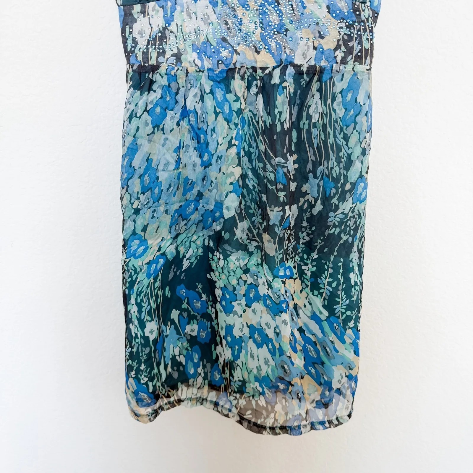 Y2K Gioia‎ Womens Dress Top Size M Ruffle Beaded Floral Chiffon Fairy Cottage Blue Size M - Image 4