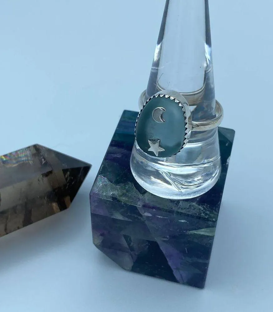 Moon & Star Sea Tumbled Sea Foam Sea Glass Sterling Silver Ring Size 10 - Image 3