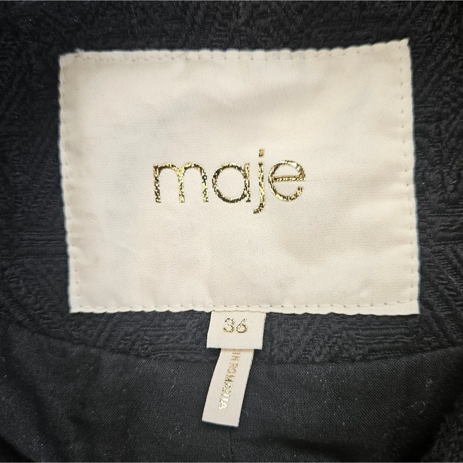 Maje Gretelle Leather Trim Longline Jacquard Textured Knit Car Coat‎ Sz 36 - Image 3