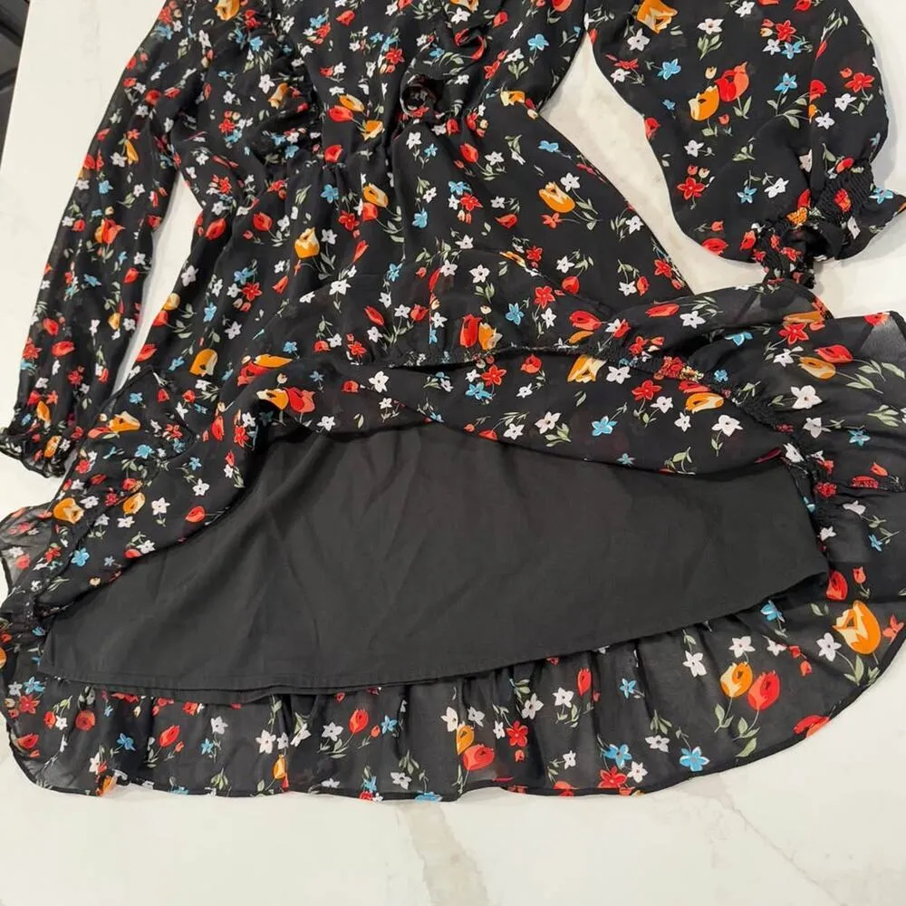 Pomelo Midi Ruffled Black Floral Long Sleeve Dress Womens Small Smocked Neckline - Image 7