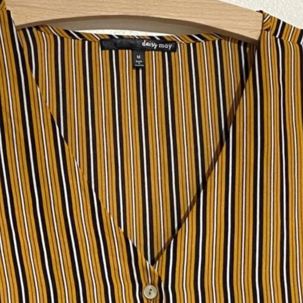 Daisy May mustard yellow and black vertical striped cropped front tie blouse - Image 3
