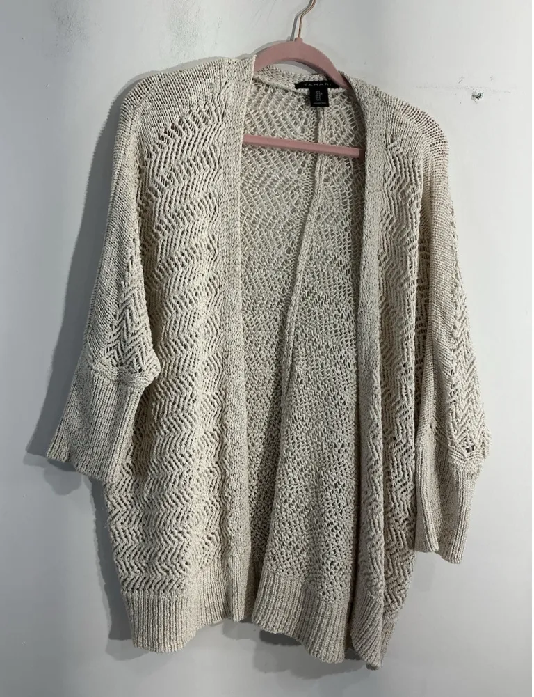 Womans Tahari Sweater Large Beige Knit Open Front Cardigan Short Sleeves - Image 1