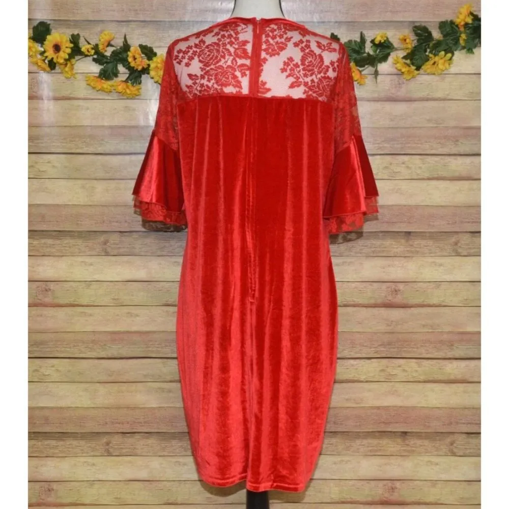 C.O.C. Red Velvet Midi Sheath Dress Plus Size 3X Floral Lace Short Bell Sleeve - Image 6