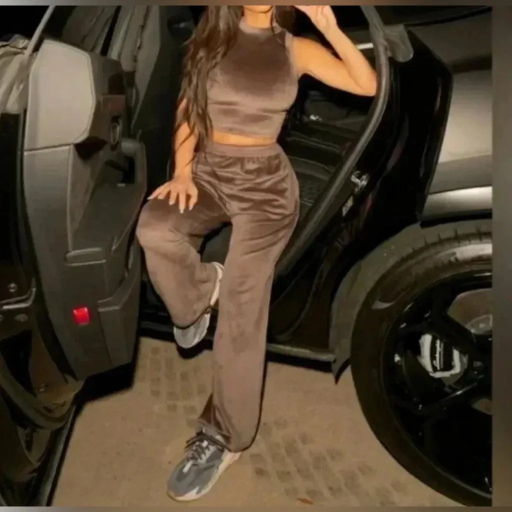 Skims Wide Leg Velour Track Pants in Sienna w/Pockets & Elastic Waist Large NWT - Image 5