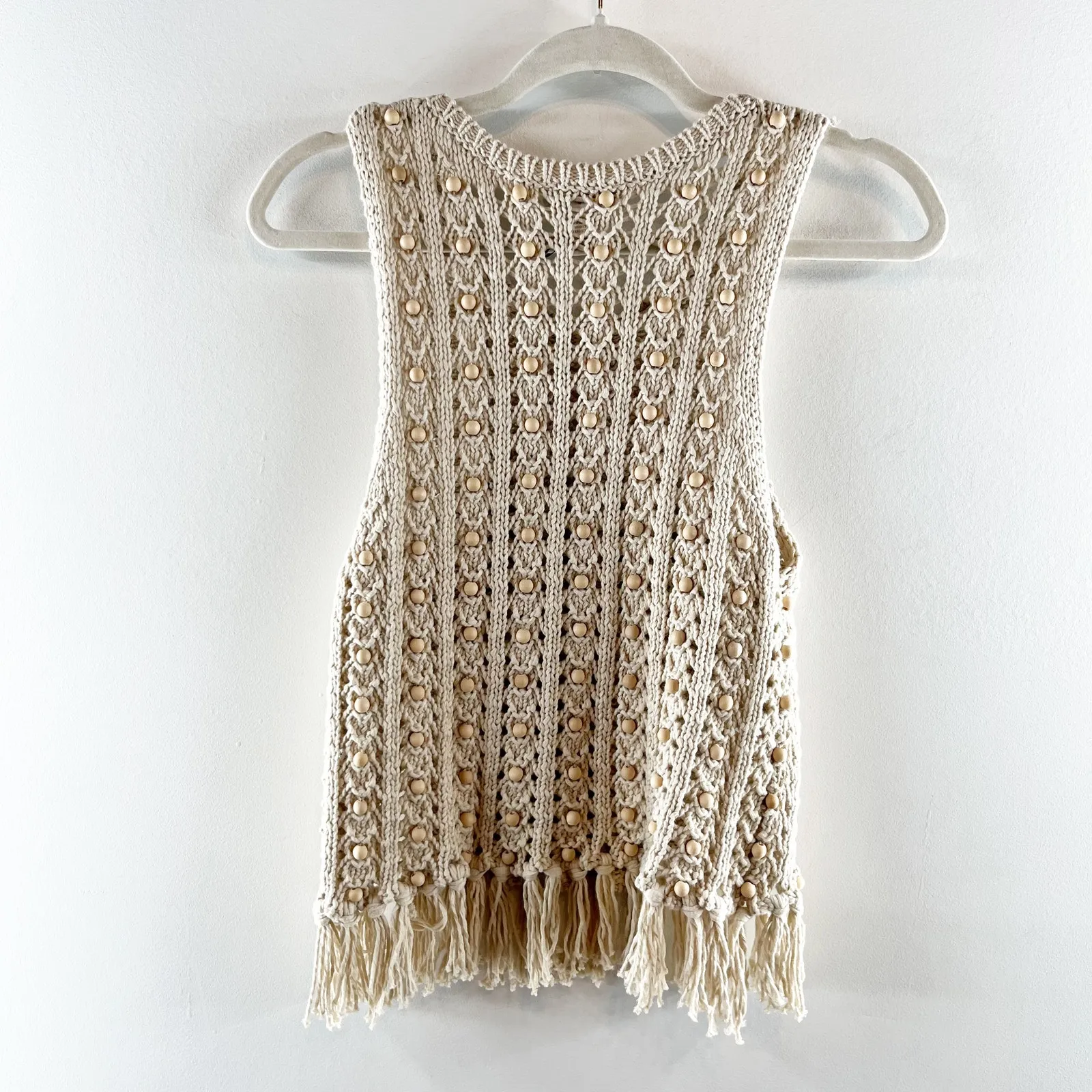 House of Harlow Wood Bead Beaded Fringe Hem Crochet Tank Top Tan XS - Image 4
