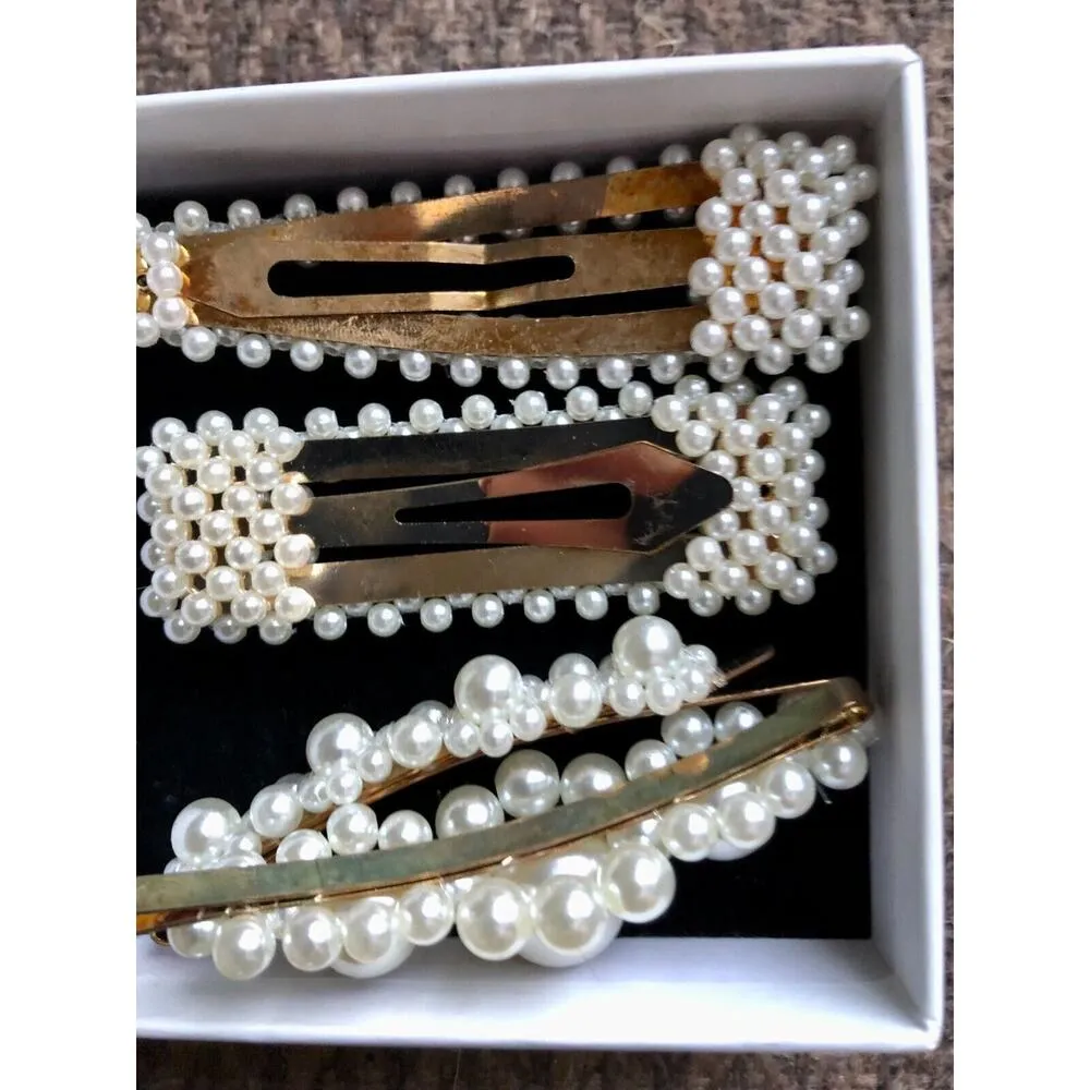 Hair Barette Large Clip Gold Pearl NWT lot 6 pieces New 3" long Wedding Event White - Image 4