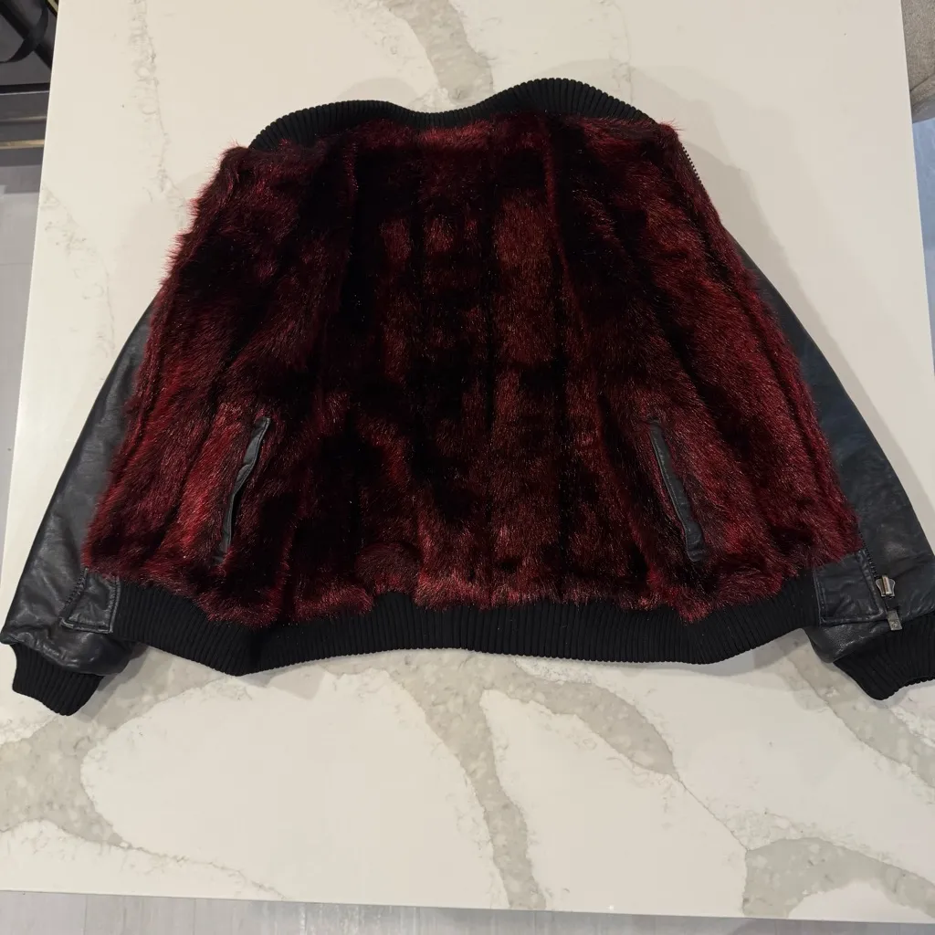 Vintage Y2K Ecko Unlimited Reversible Leather Bomber Jacket Red Fur Womens Large Black - Image 3