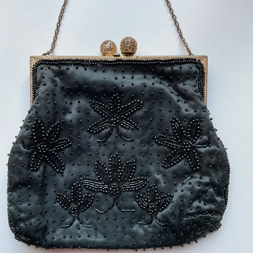 29. Vintage Black Beaded Clutch Satin Inside - Image 2