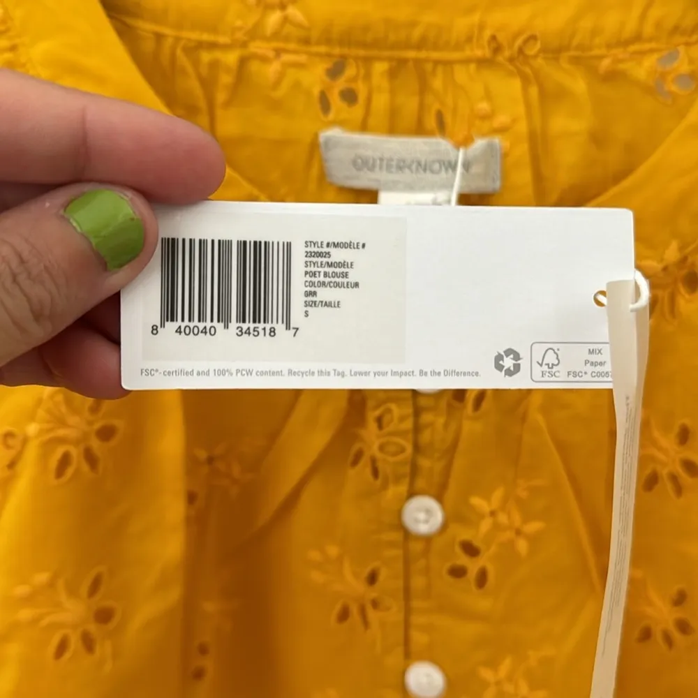 Outerknown Golden Yellow Poet Blouse Button Front Waist Tie Eyelet Small - Image 4