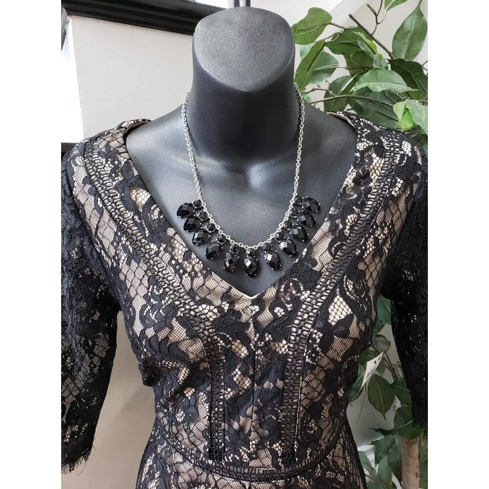 Thalia Sodi Women's Black & Beige Lace Floral Long Sleeve V-Neck Sheath Dress 2 - Image 2