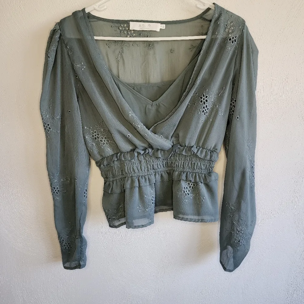 ASTR The Label Cinched Waist Long Sleeve Top Sage Green - Image 2