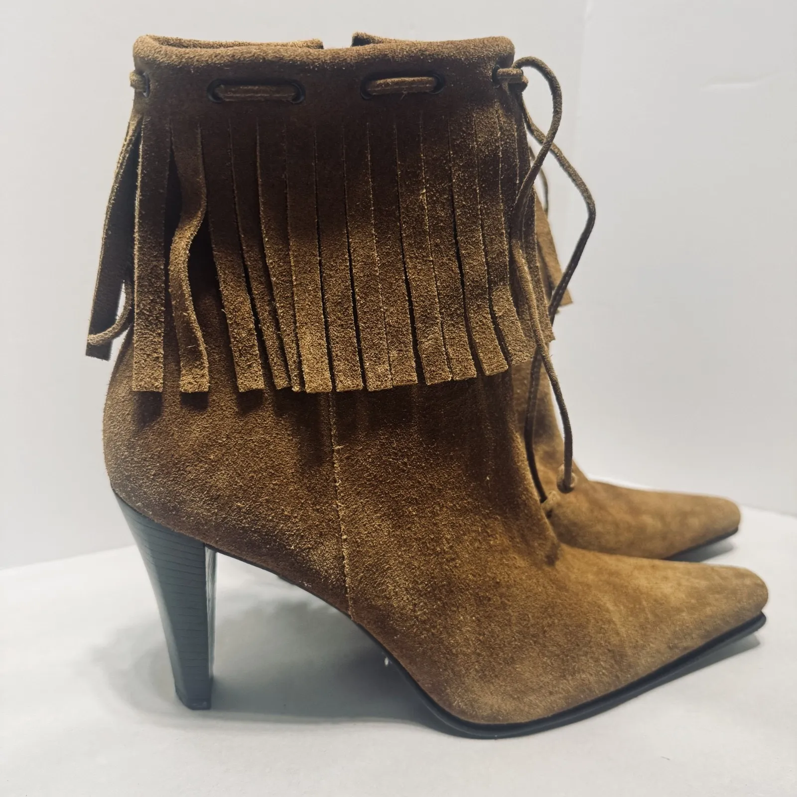 Nine West Boots Brown Suede High Heeled Booties Fringe womens 8.5 Leather - Image 3