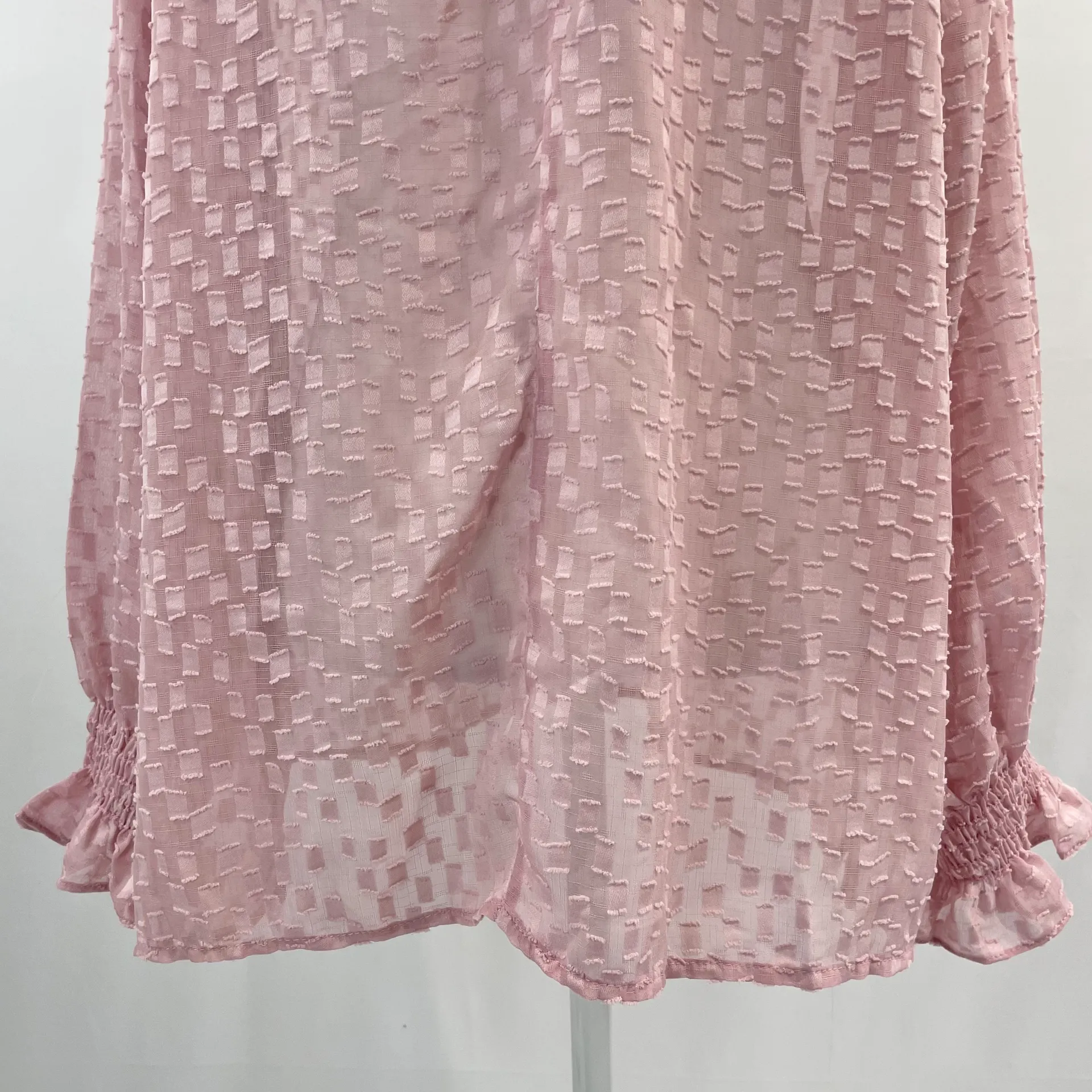New  Smocked Mock Neck Long Sleeve Sheer Blouse Blush - Image 13