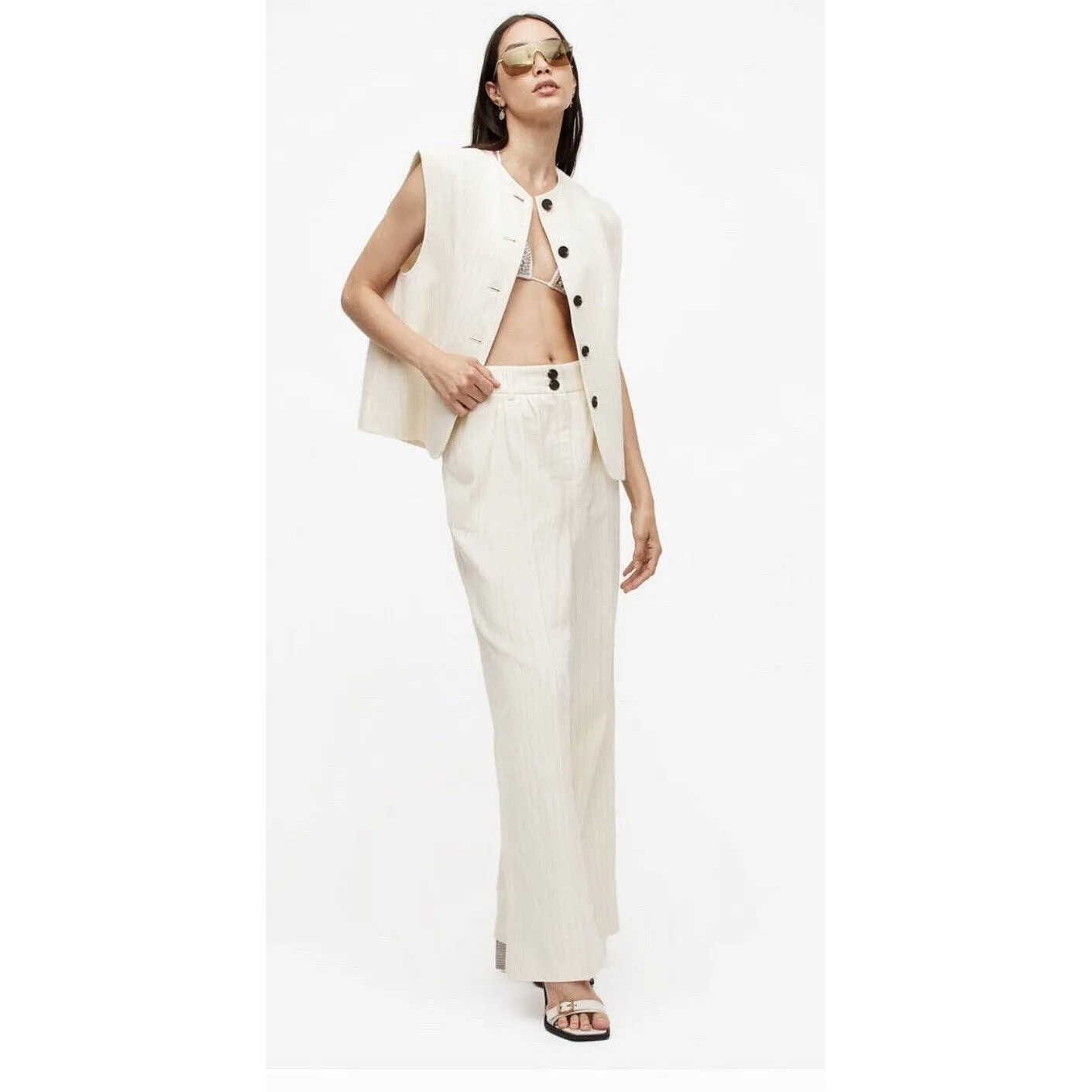 All Saints Payton Wide Leg Linen Blend Pants Metallic Stripe Size 2 - Image 3