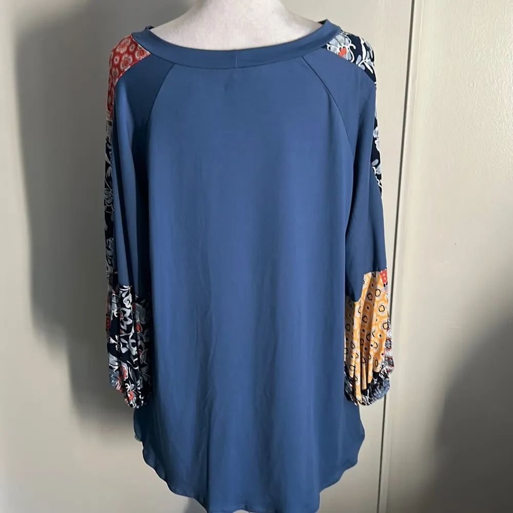 New Boho Balloon Sleeve Color Block Patchwork Jersey Knit Top Long Sleeve Blouse Blue Size L - Image 5